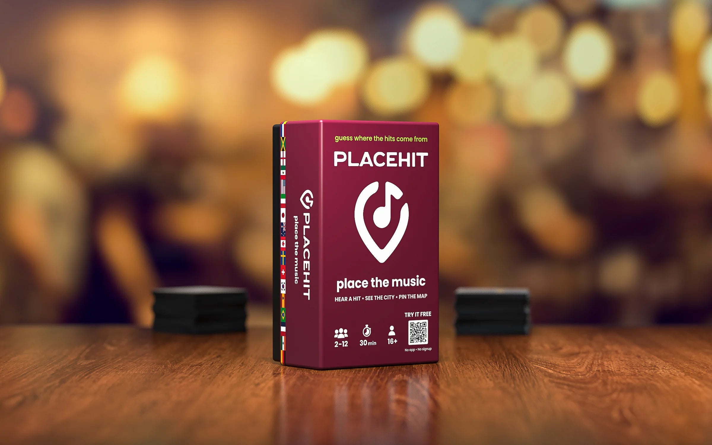 The Placehit box on a wooden table in a warm, softly lit room